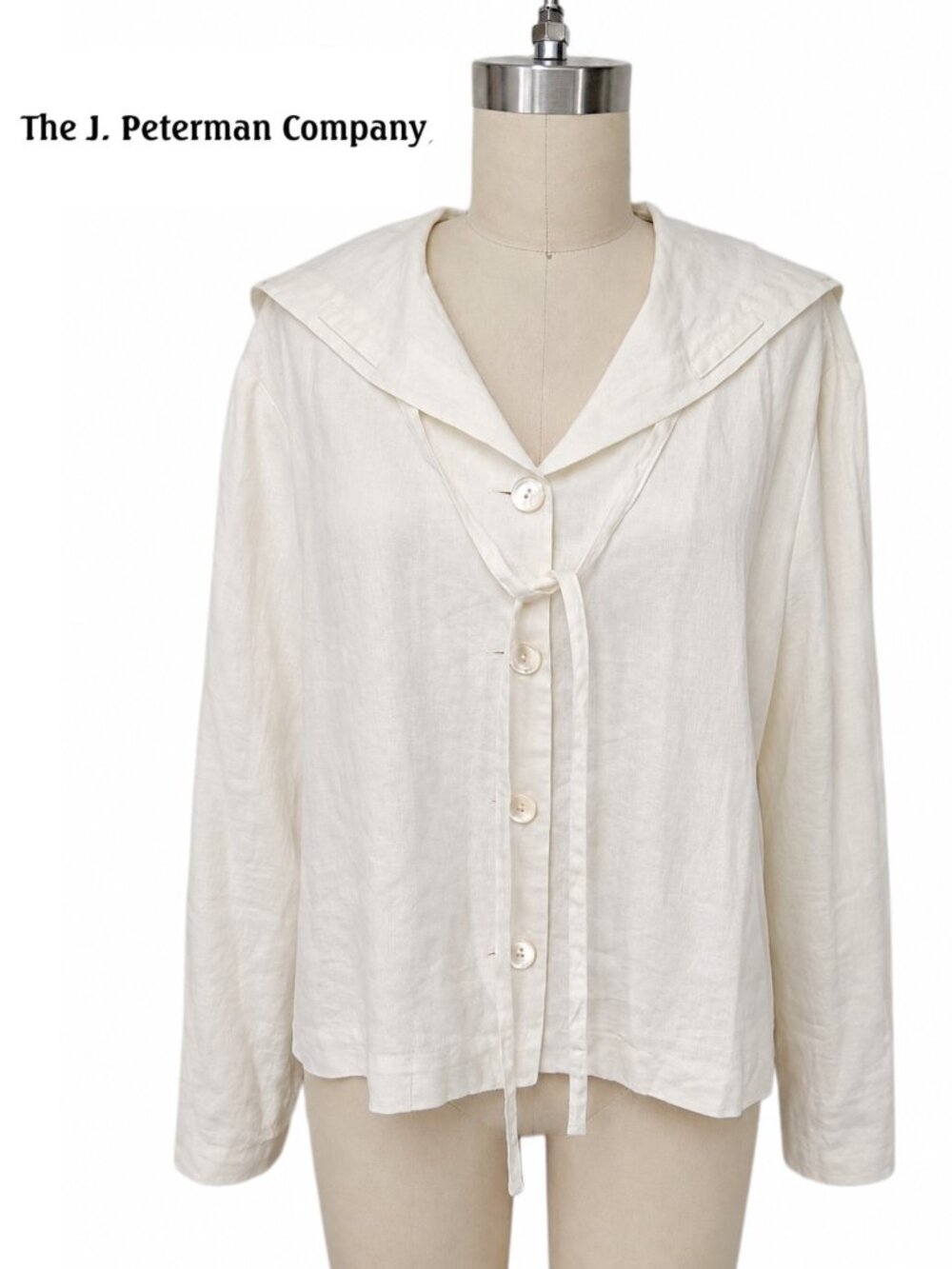 J. Peterman Ivory Linen Sailor Jacket Nautical Collar Shell Button Blouson Slv M